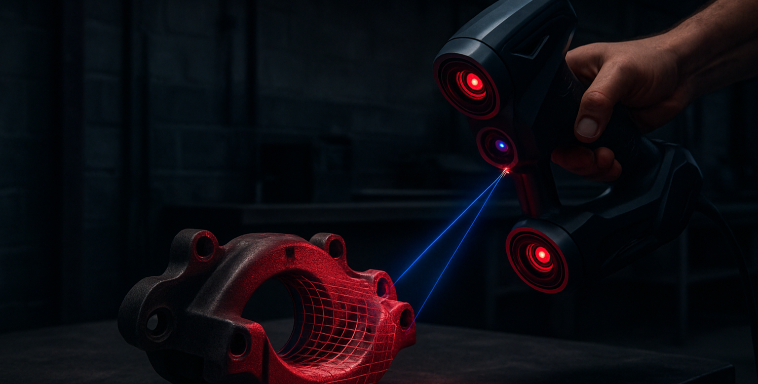 Hand holding a laser pointer towards a mechanical object on a dark background